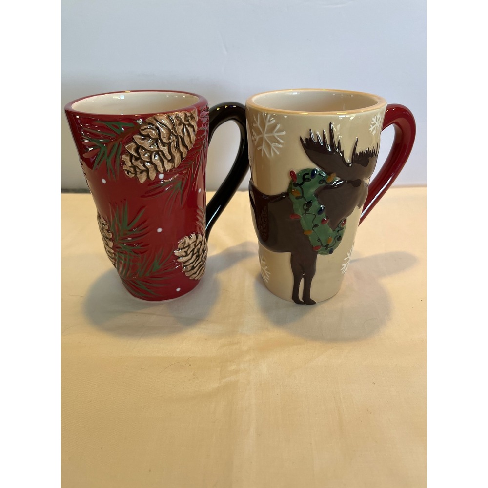 Shopko Celebrate the Season Christmas Mugs Set of 2 Moose Pinecones Ceramic 14oz